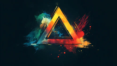 Geometric triangle with multicolor paint splash on black