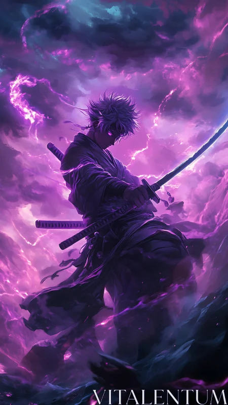 Stormlit swordsman channels violet lightning over void