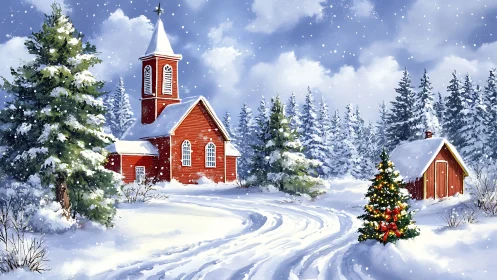 Snow-covered red chapel and cabin in festive winter landscape.