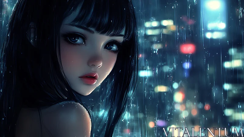 Neon rainfall pauses as a quiet gaze rewrites the skyline