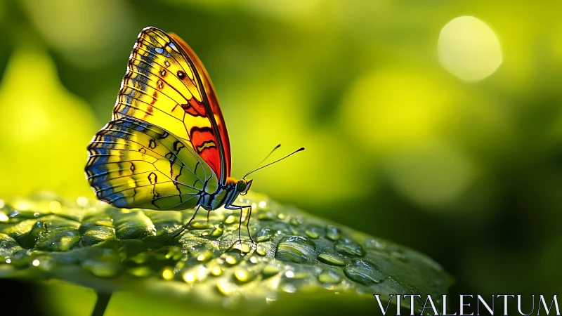 Photorealistic butterfly macro on dew-covered leaf surface.