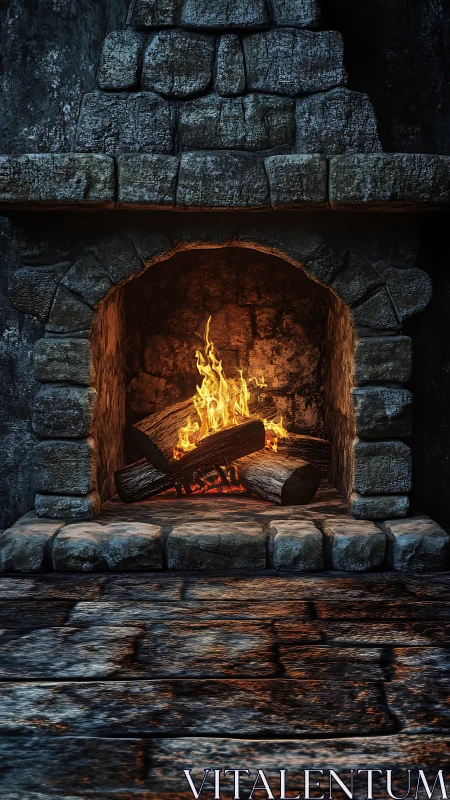Cozy Stone Fireplace with Roaring Flames