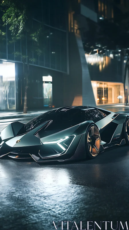 Low-slung hypercar with angular LED geometry on wet urban street