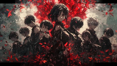 Group of anime characters stand amid swirling red leaves.