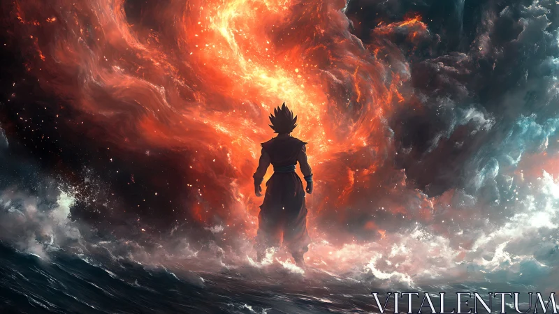 Warrior silhouette facing cosmic firestorm over ocean.