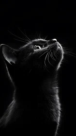 Black Cat Gazing Upward. Dramatic Contour Lighting.