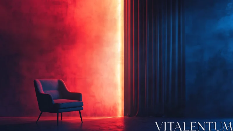 Armchair sits beside vertical red light and dark curtain