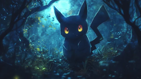 Electric creature glows within moonlit bioluminescent forest