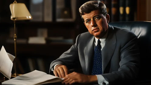 Thoughtful suited man reviews documents at classic desk.