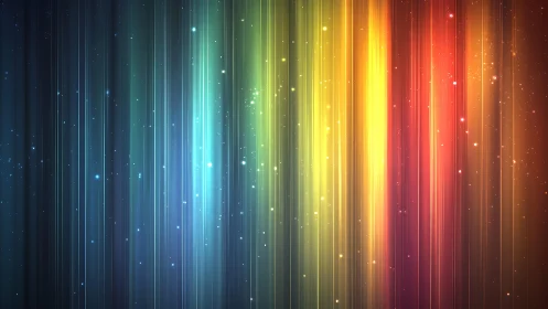 Vibrant Rainbow Light Beams with Glowing Particles, Abstract Digital Art.