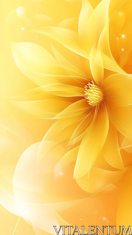 Radial yellow floral abstraction with translucent layered petals and glow