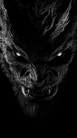 Midnight demon close-up with glowing eyes and fanged snarl.