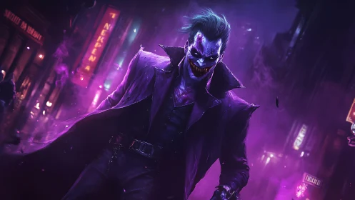 Neon nightmare jester stalks a violet drenched cityscape.
