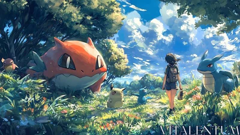 Trainer and fantasy creatures traverse luminous forest meadow