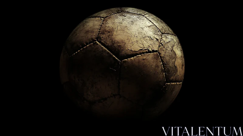 Aged leather soccer ball glows softly against deep black