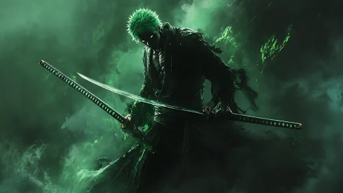 Green haired dual katana swordsman in dense green mist.