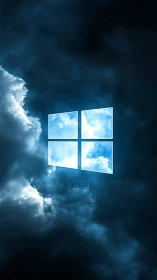 Windows style sky logo in dark stormy blue clouds background.