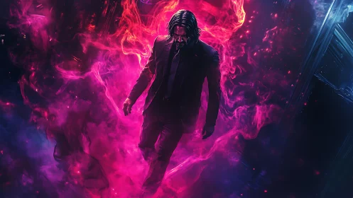 Dark-suited warrior descends through blazing neon chaos.