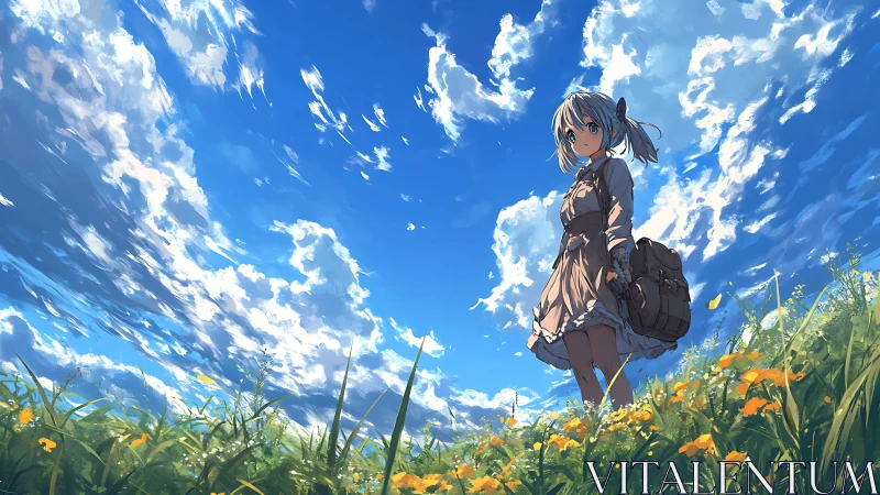 Sky trail dreamer girl wandering through wildflower winds.