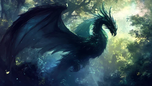 Emerald dragon silhouette in luminous forest clearing.
