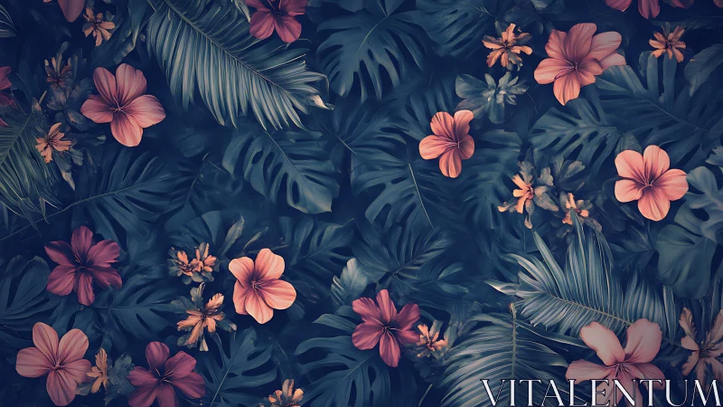Floral Composition with Coral Blooms Against Deep Navy Foliage