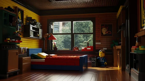 Lego minifigure enjoys cozy sunlit bedroom interior.