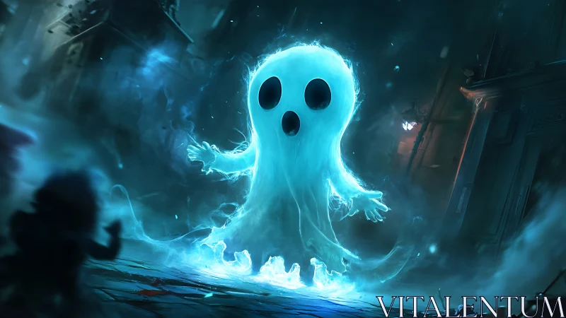 Glowing cartoon ghost hovers in eerie blue alley fog.