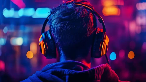 Person wearing headphones faces neon-lit environment indoors