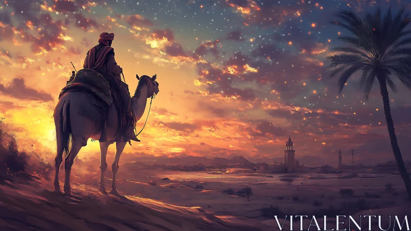 Desert rider observes glowing sunset sky above distant city