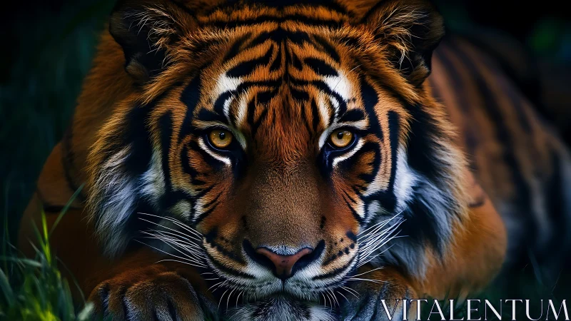 Low-key frontal portrait of crouching tiger in dense foliage