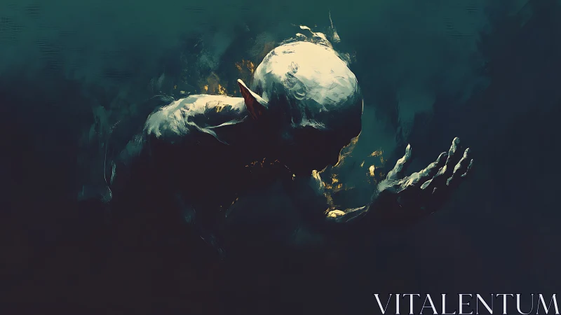 Luminous spirit emerging from shadowy depths in quiet awe.