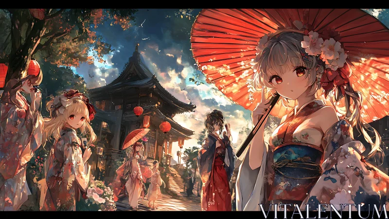Evening shrine promenade with kimono girls and paper umbrellas