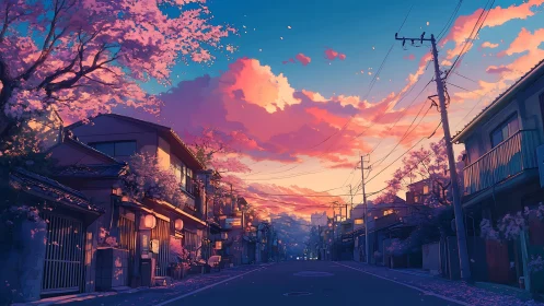 Twilight street scene with cherry blossoms and warm rim lighting