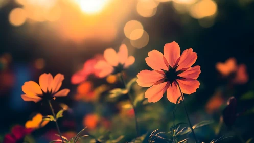 Backlit orange cosmos blossoms rendered in shallow depth of field