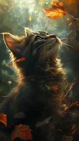 Tabby cat gazing upward at falling autumn leaves