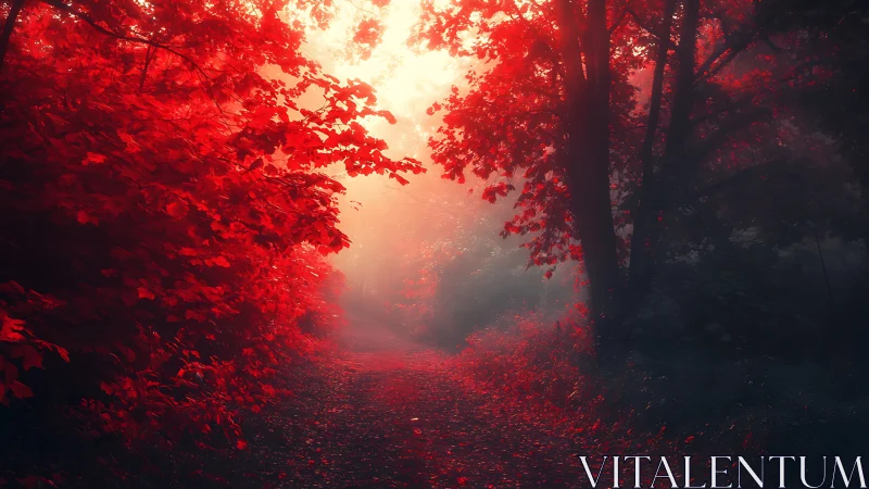 Red Autumn Forest Path with Glowing Light.