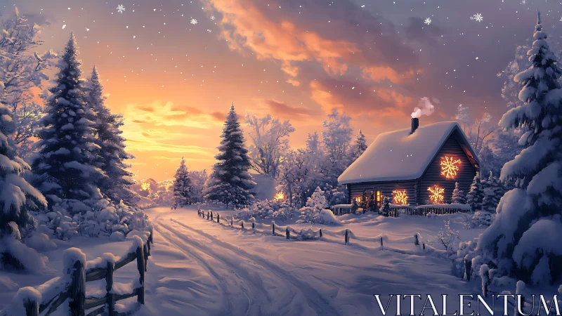 Snowy forest cabin under glowing winter sunset sky.