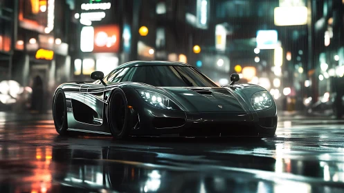 Hypercar rendered on neon‑lit wet street in cinematic low angle