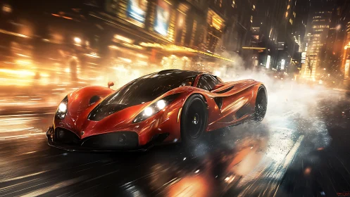 Red supercar on wet city street at night in dynamic motion.
