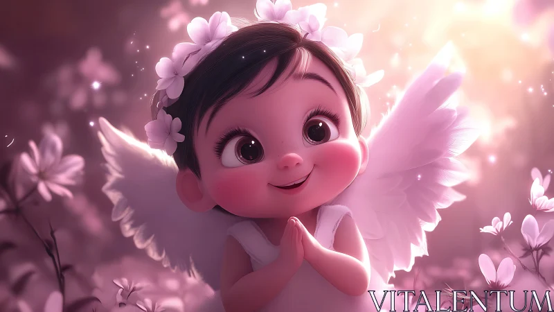 Cartoon baby angel smiles with folded hands among flowers
