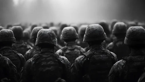 Military personnel form dense, rear-view formation in foggy light