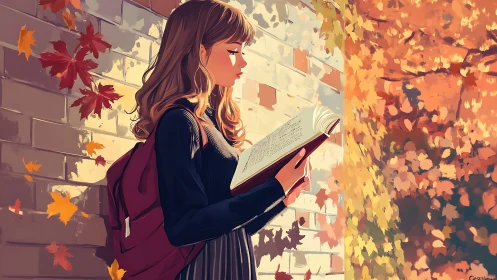 Autumn student portrait reading by brick wall in golden light.