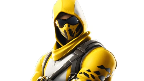 Hooded yellow tactical avatar rendered in high-gloss digital 3D