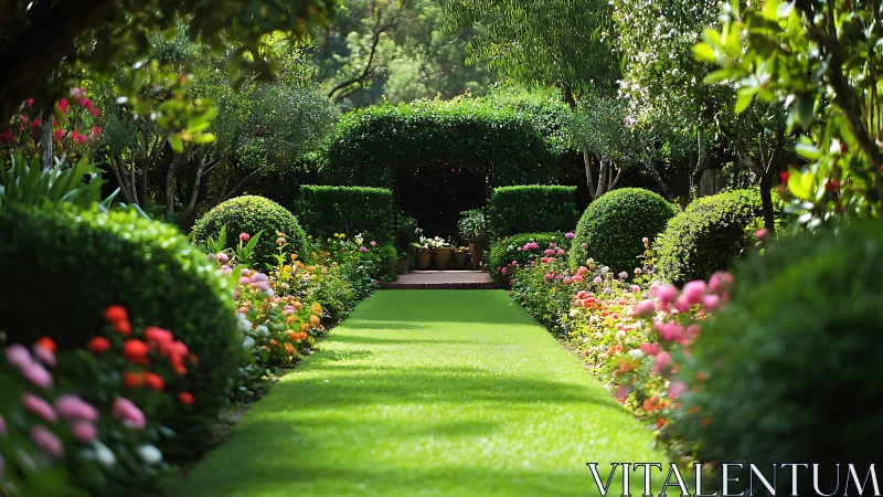 Sunlit garden path leading toward a quiet green hideaway.