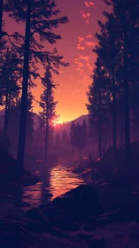 Pine forest river at sunset with silhouetted trees and hills.