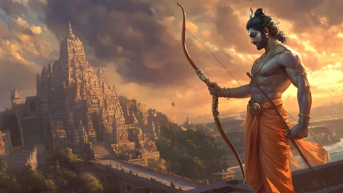 Digital painting of mythic archer before monumental temple complex.