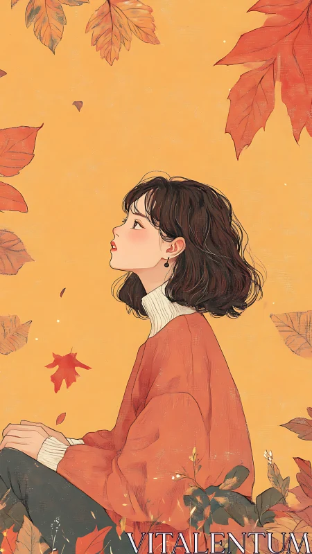 Girl in orange sweater gazes upward amid drifting autumn leaves