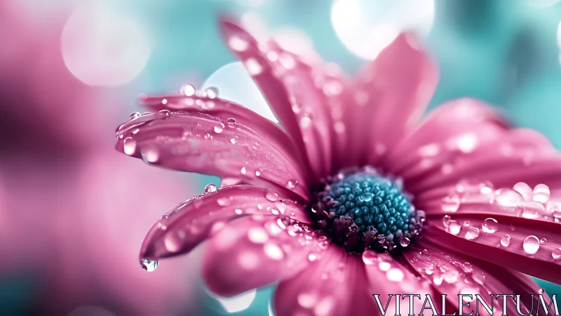 Pink daisy macro with water droplets in soft bokeh light.