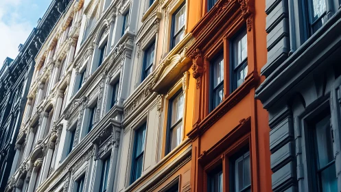 Chromatic cast iron facade rhythm with oblique daylight incidence.