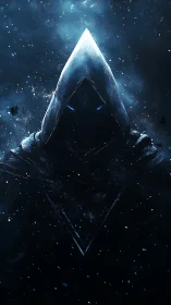 Hooded void figure shimmers in cold blue cosmic darkness